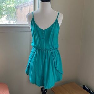 Olivaceous Teal Romper w/ Split Skirt Trim Small